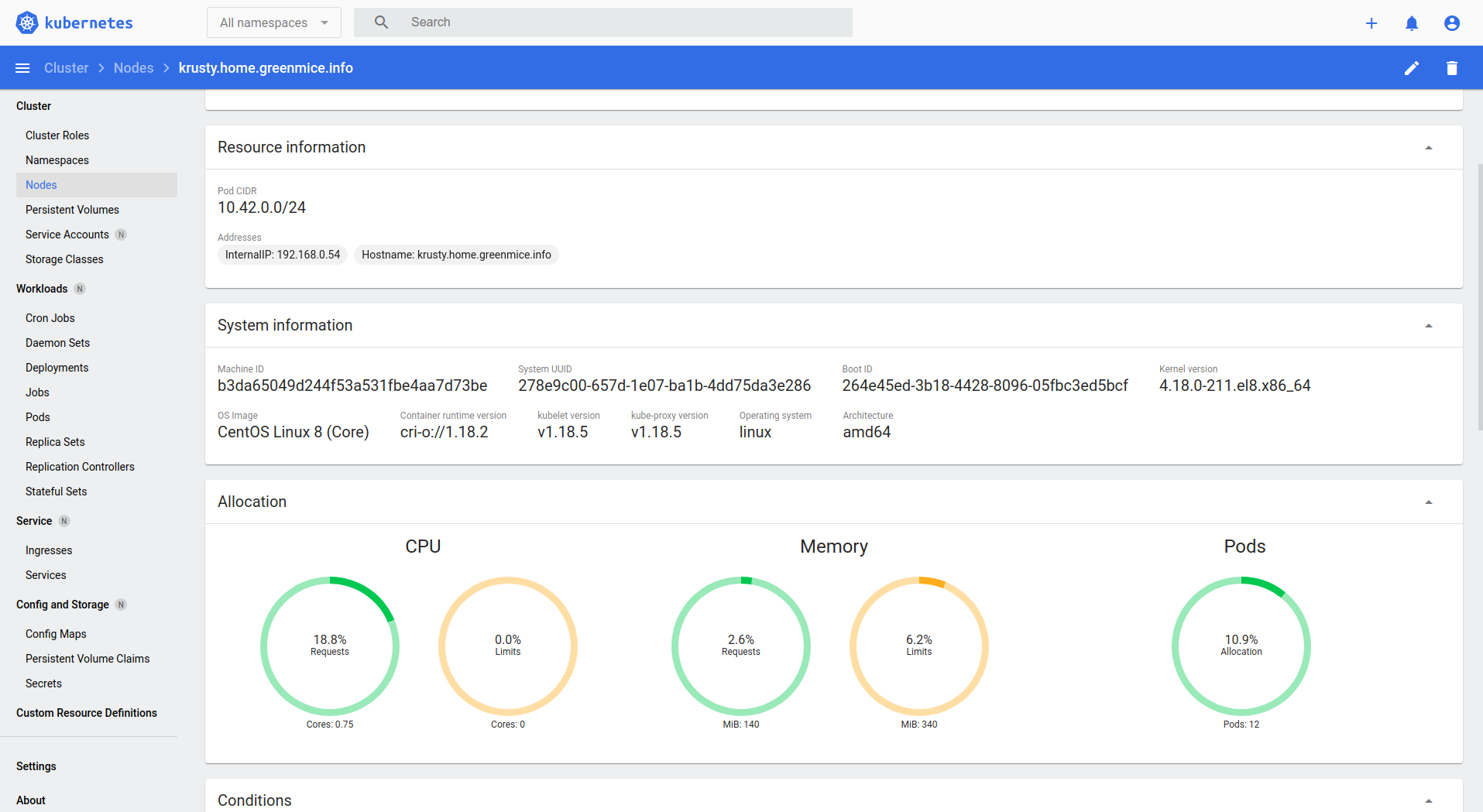 Kubernetes dashboard nodes